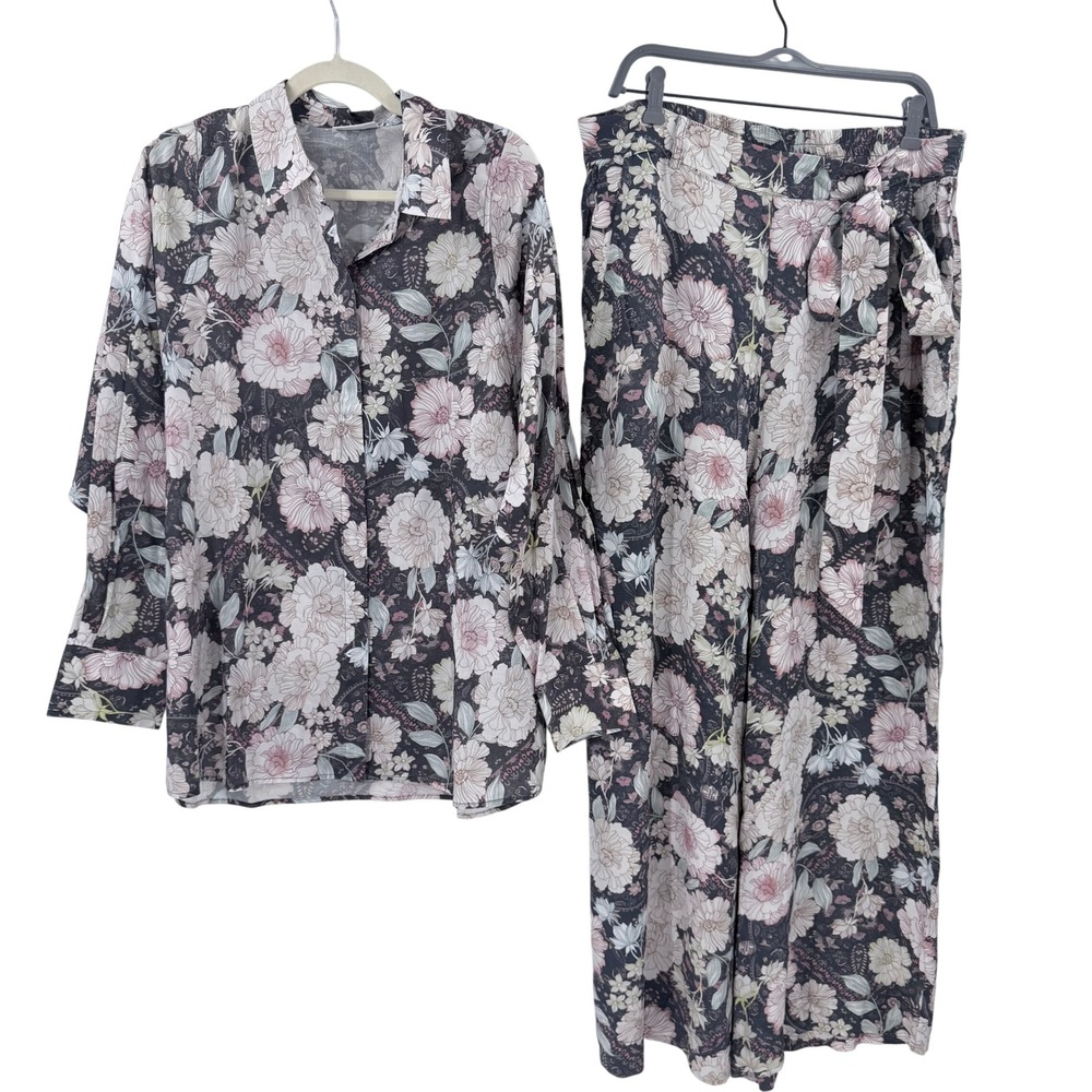 Sussan Womens Floral 100% Cotton 2 Piece Set Shirt & Wide Leg Pants Size 14 16